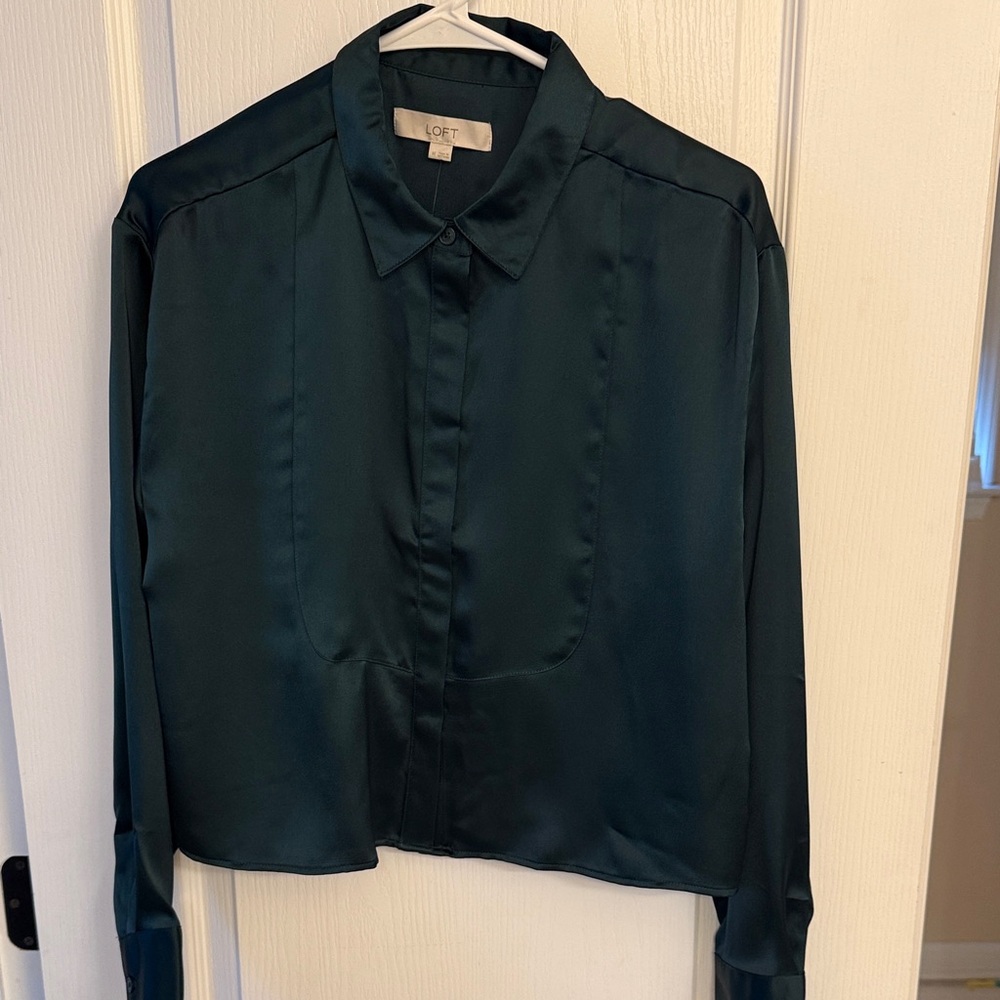 LOFT Women's Deep Teal Satin Button Down Shirt